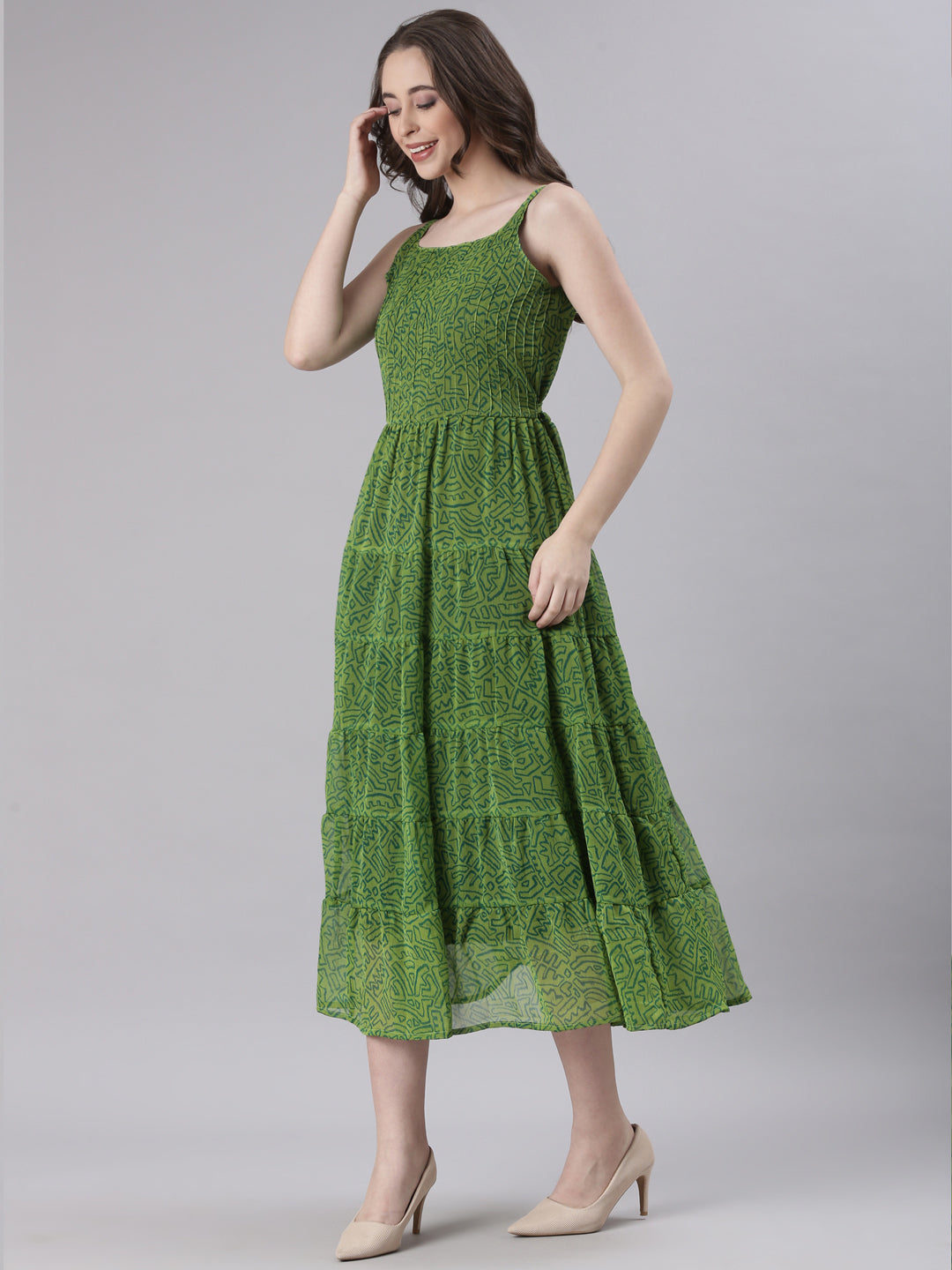 Green Abstract Pleated Fit & Flare Midi Dress | Souchii