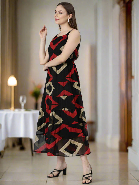 Fit & Flare Dress – Black Printed Abstract Motifs | Souchii