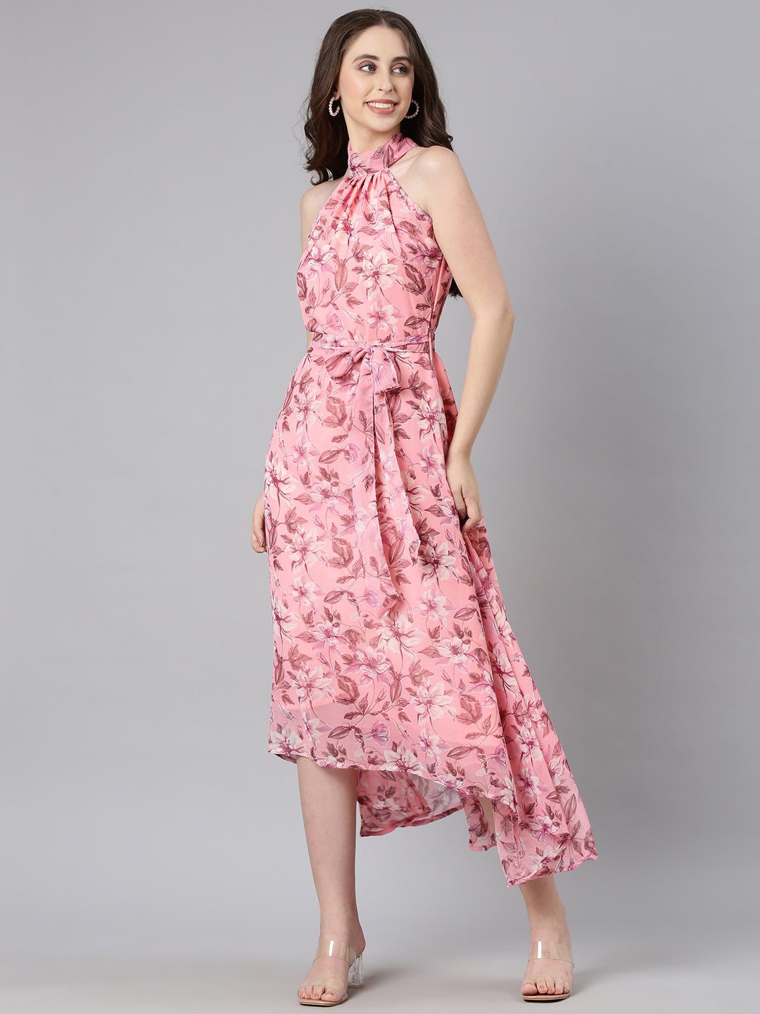 Dress – Pink Floral Print Halter Neck Asymmetric Hem | Souchii