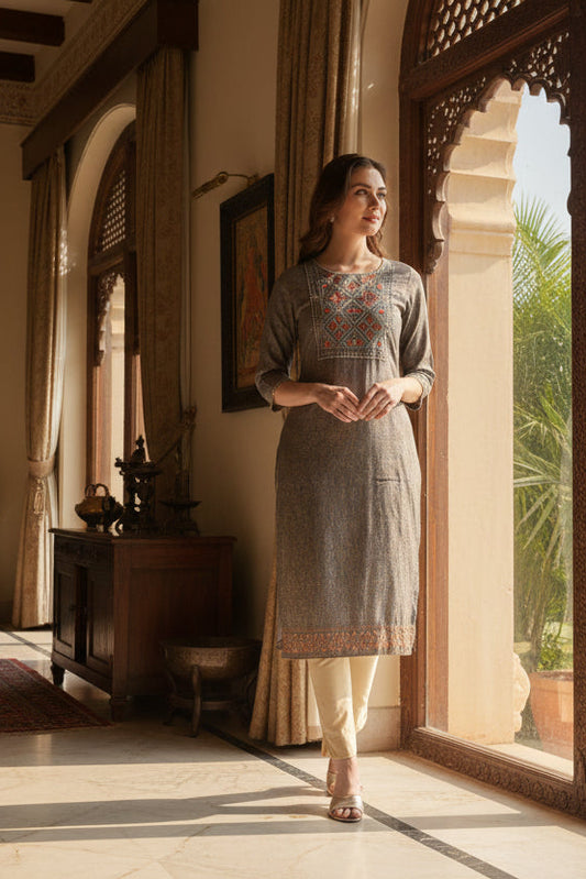Ethnic Motifs Printed Thread Work Straight Kurta