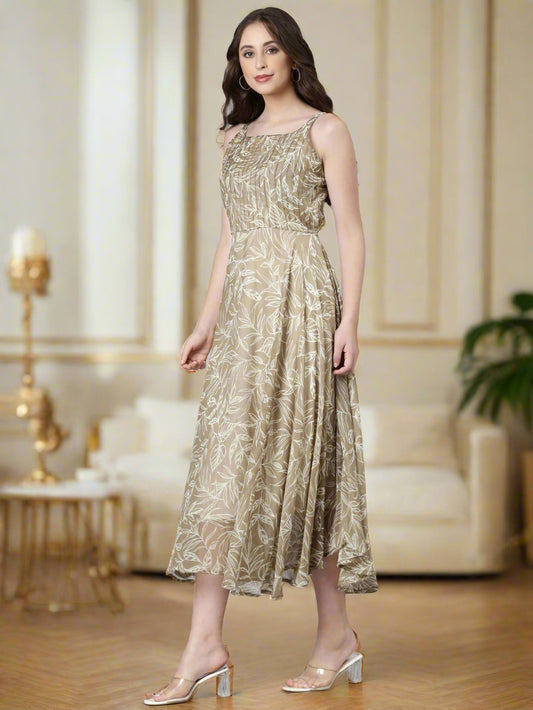 Midi Dress – Beige Floral Print Fit & Flare | Souchii