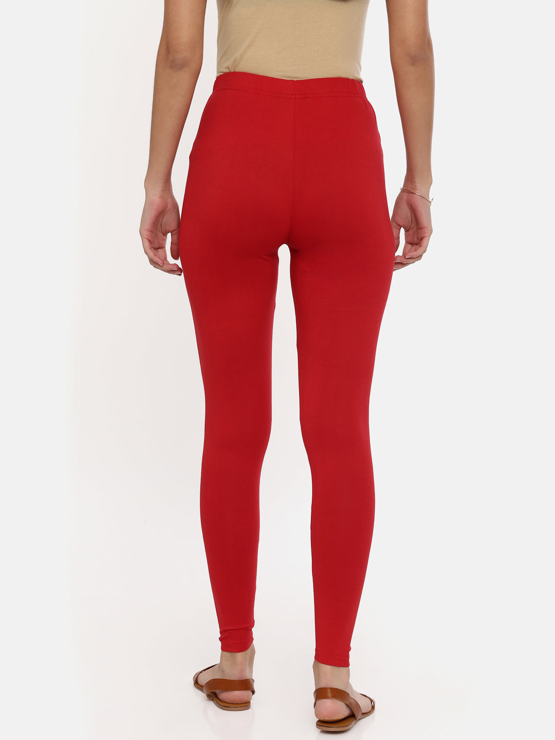 Red Solid Cotton Ankle-Length Leggings for Women | Souchii