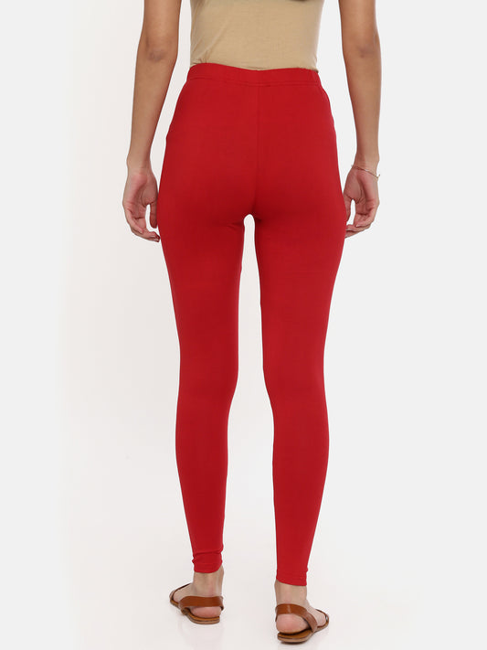 Red Solid Cotton Ankle-Length Leggings for Women | Souchii