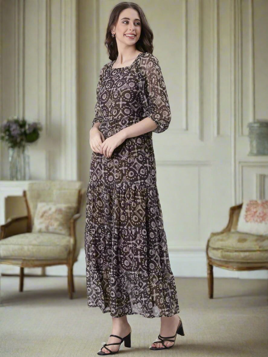 Brown & Grey Geometric Print Maxi Dress | Souchii