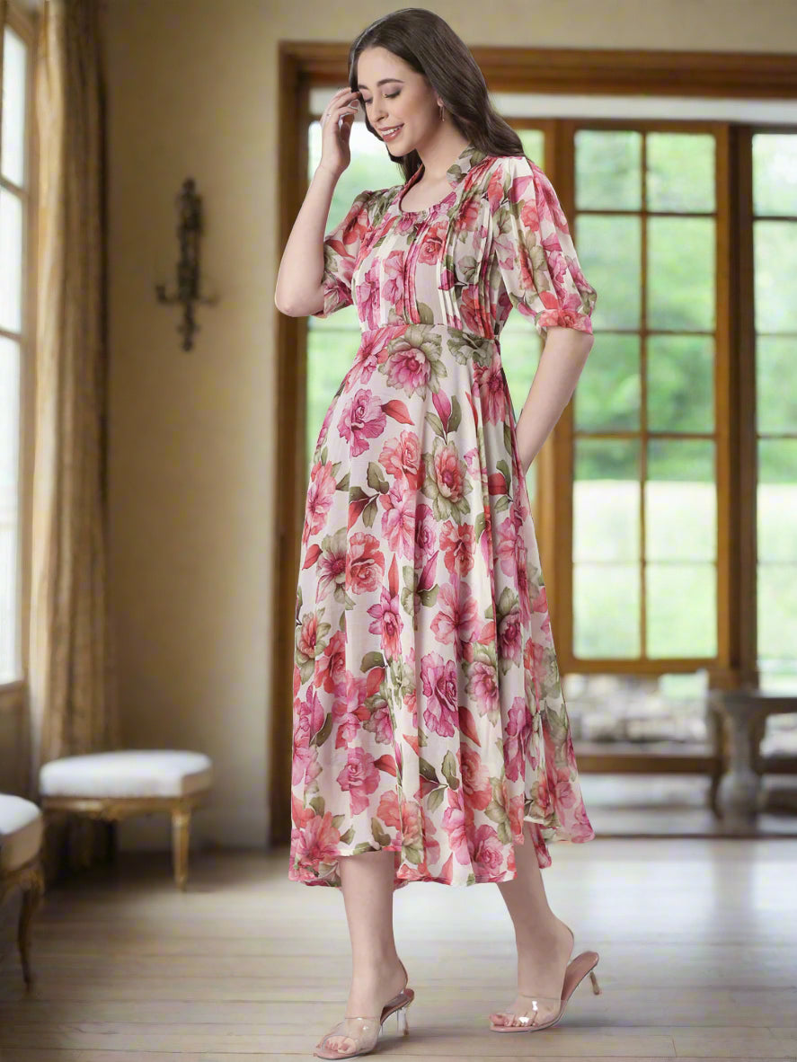 Cream Floral Puff-Sleeve A-Line Midi Dress | Souchii