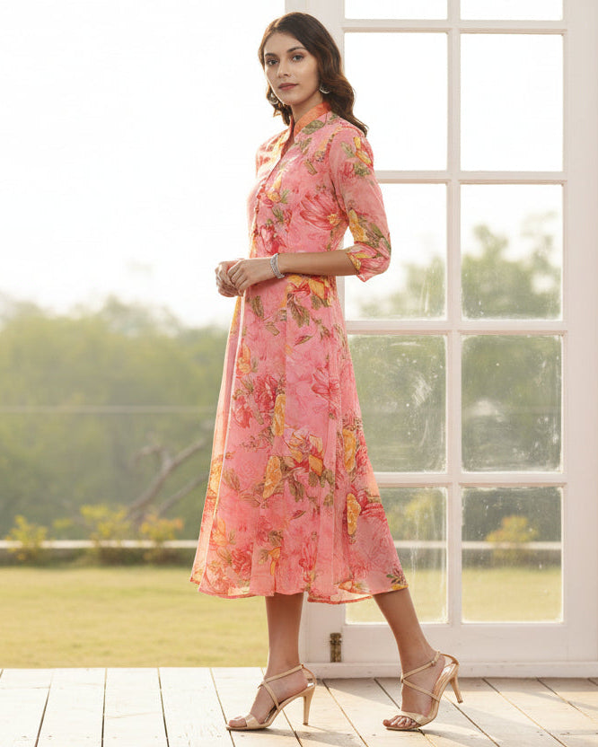 Midi Dress – Pink Printed Woven A-Line | Souchii