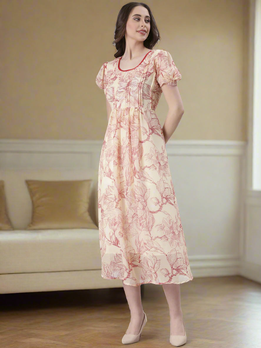 Cream & Red Floral Print Fit & Flare Midi Dress | Souchii