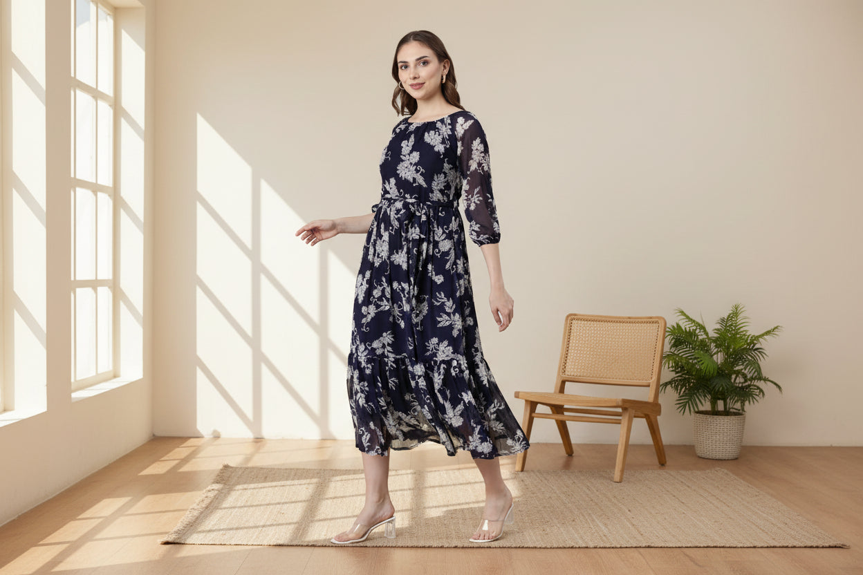 Navy Blue Floral Maxi Chiffon Dress | Souchii