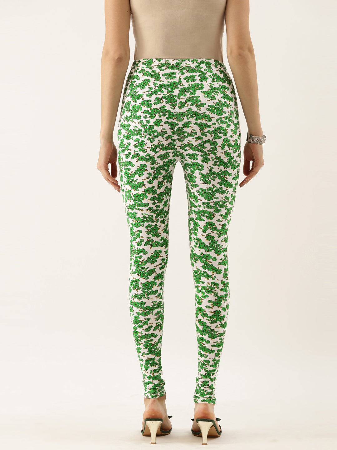 White & Green Printed Cotton Ankle-Length Leggings for Women | Souchii