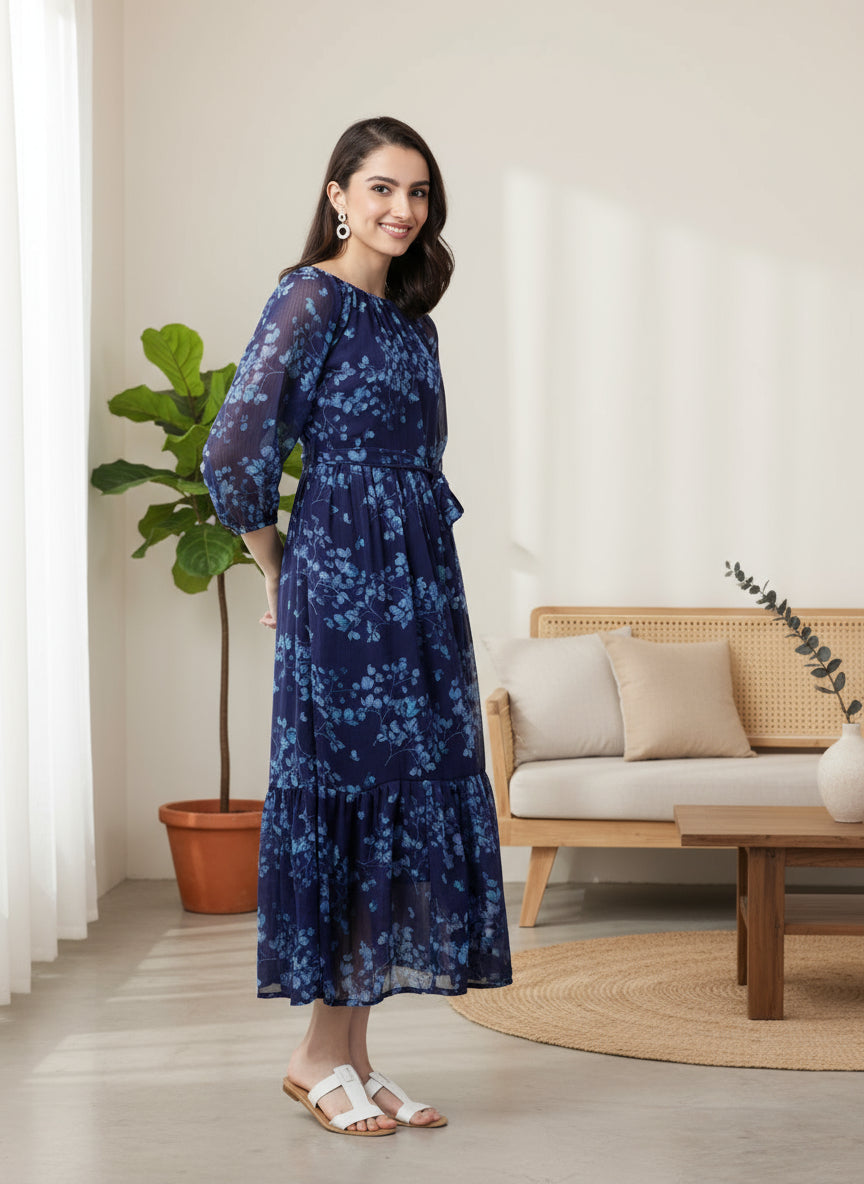 Souchii Navy Blue Floral Maxi Chiffon Dress