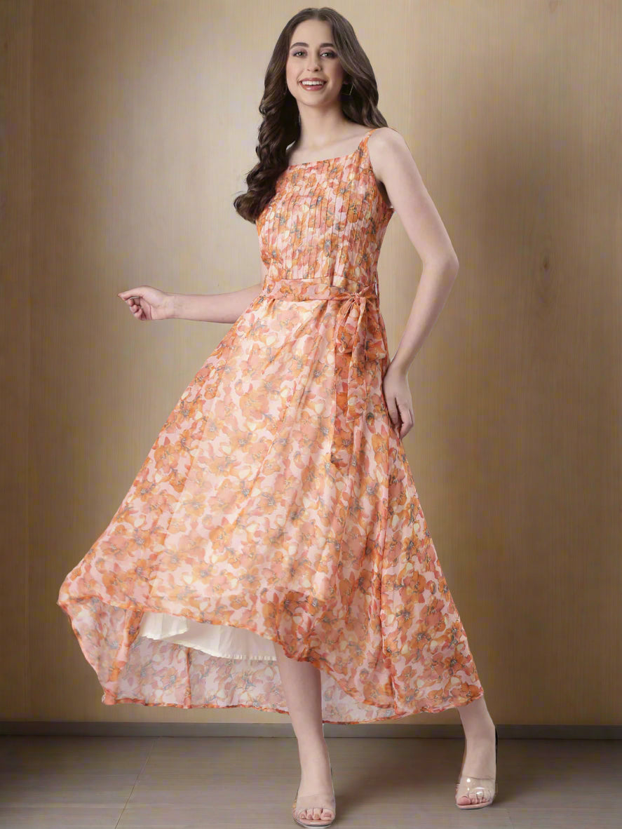 Peach Floral Print Fit & Flare High-Low Midi Dress | Souchii