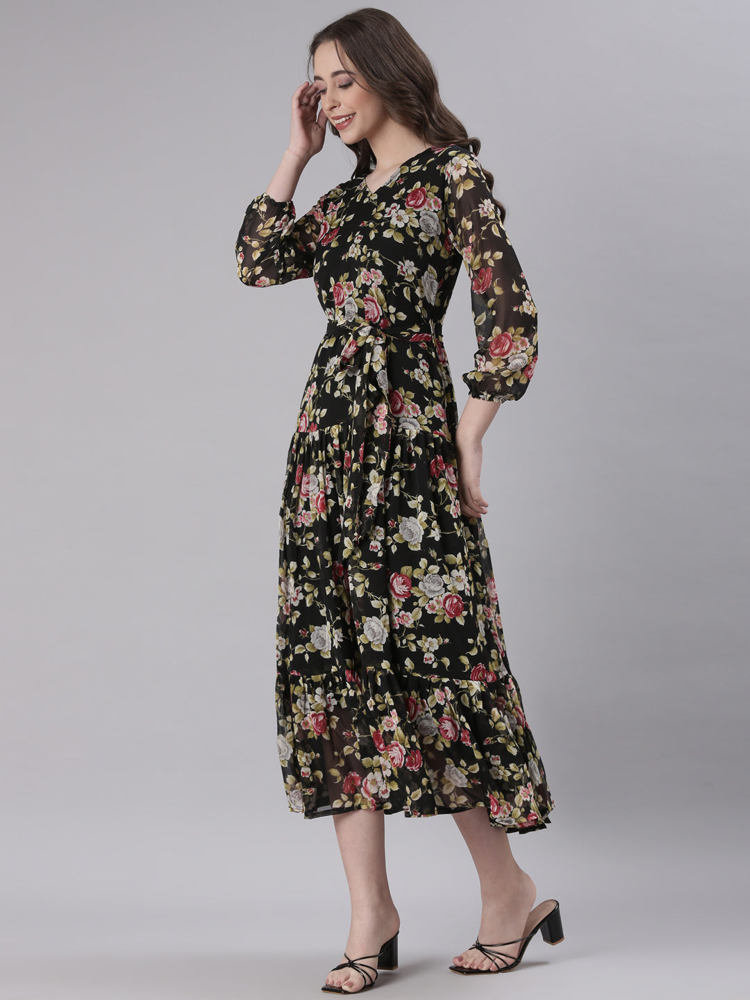 Black Floral Chiffon Midi Dress | Souchii