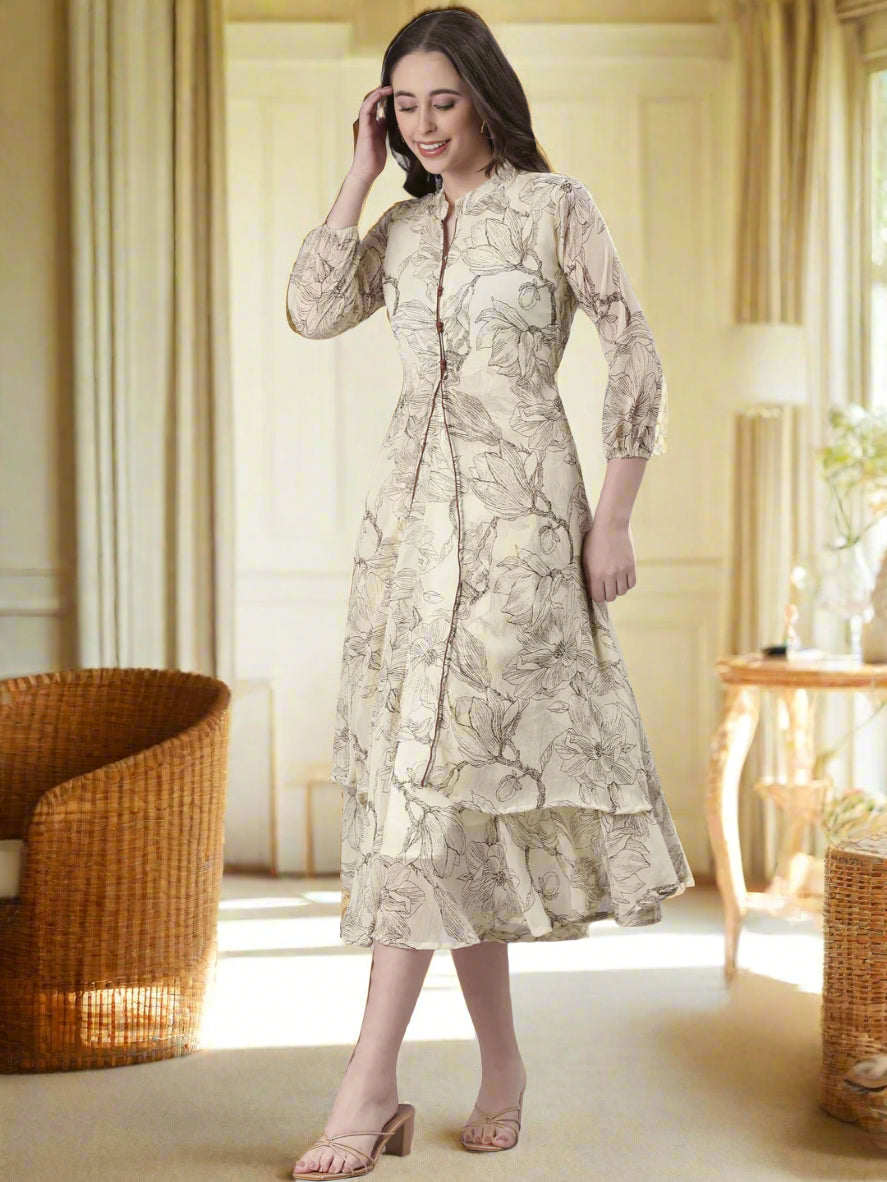 Cream Floral A-Line Belted Midi Dress | Souchii
