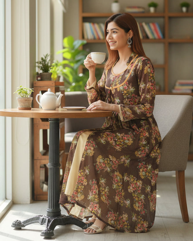 Souchii Brown Floral Layered Maxi Dress