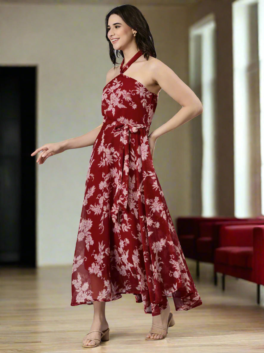 Maroon Floral Print Halter Neck A-Line Dress with Belt