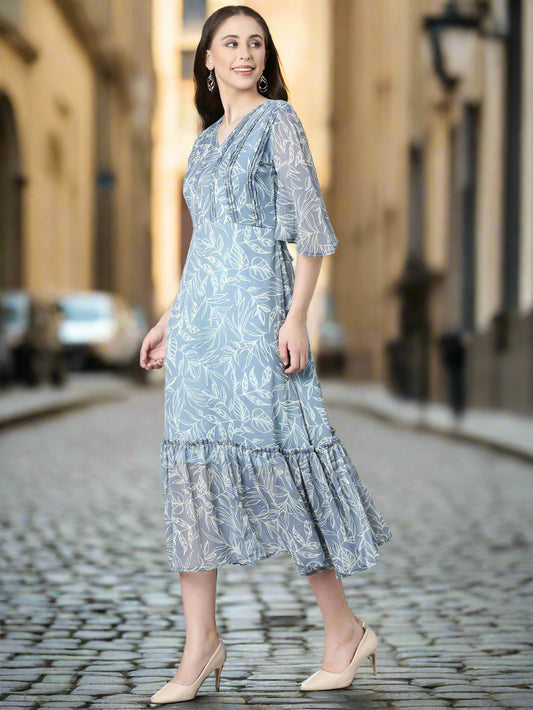 Midi Dress – Grey Floral Print A-Line | Souchii