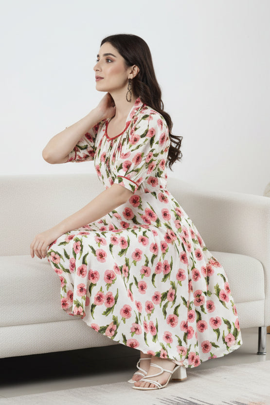 Floral Printed Mandarin Collar Puff Sleeve Fit & flare Dress | Souchii
