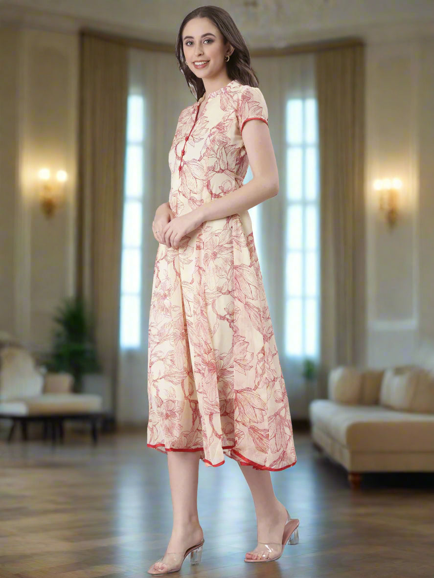 Cream Floral A-Line Belted Midi Dress | Souchii