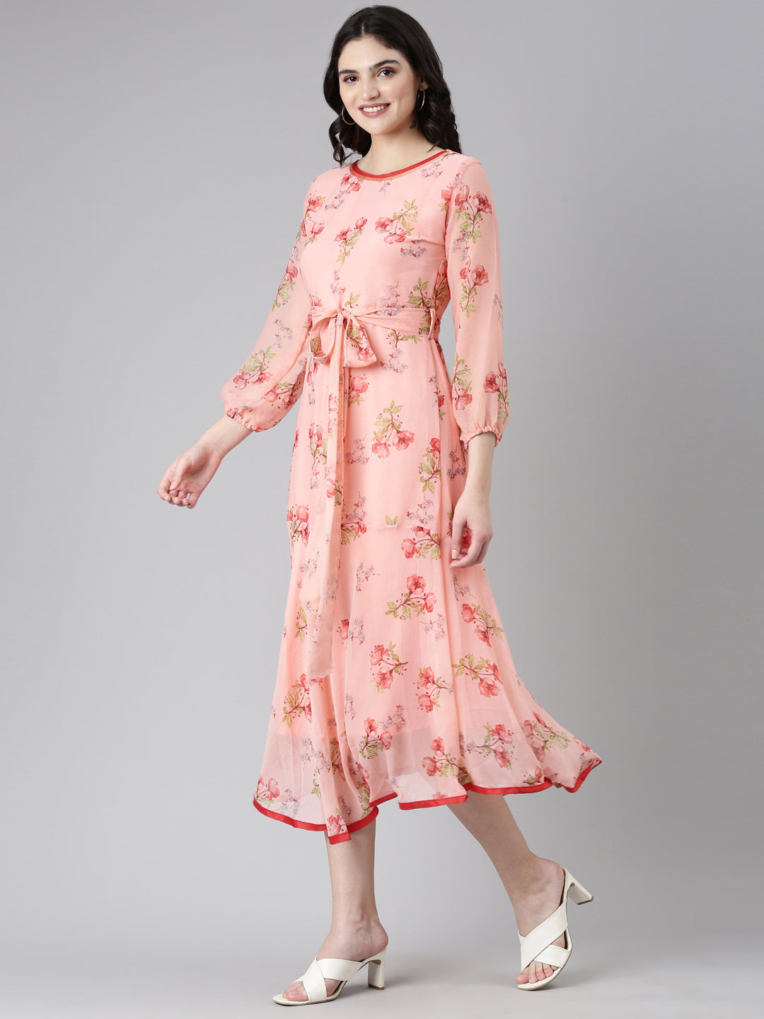 Rose Floral Printed A-Line Midi Dress with Belt | Souchii