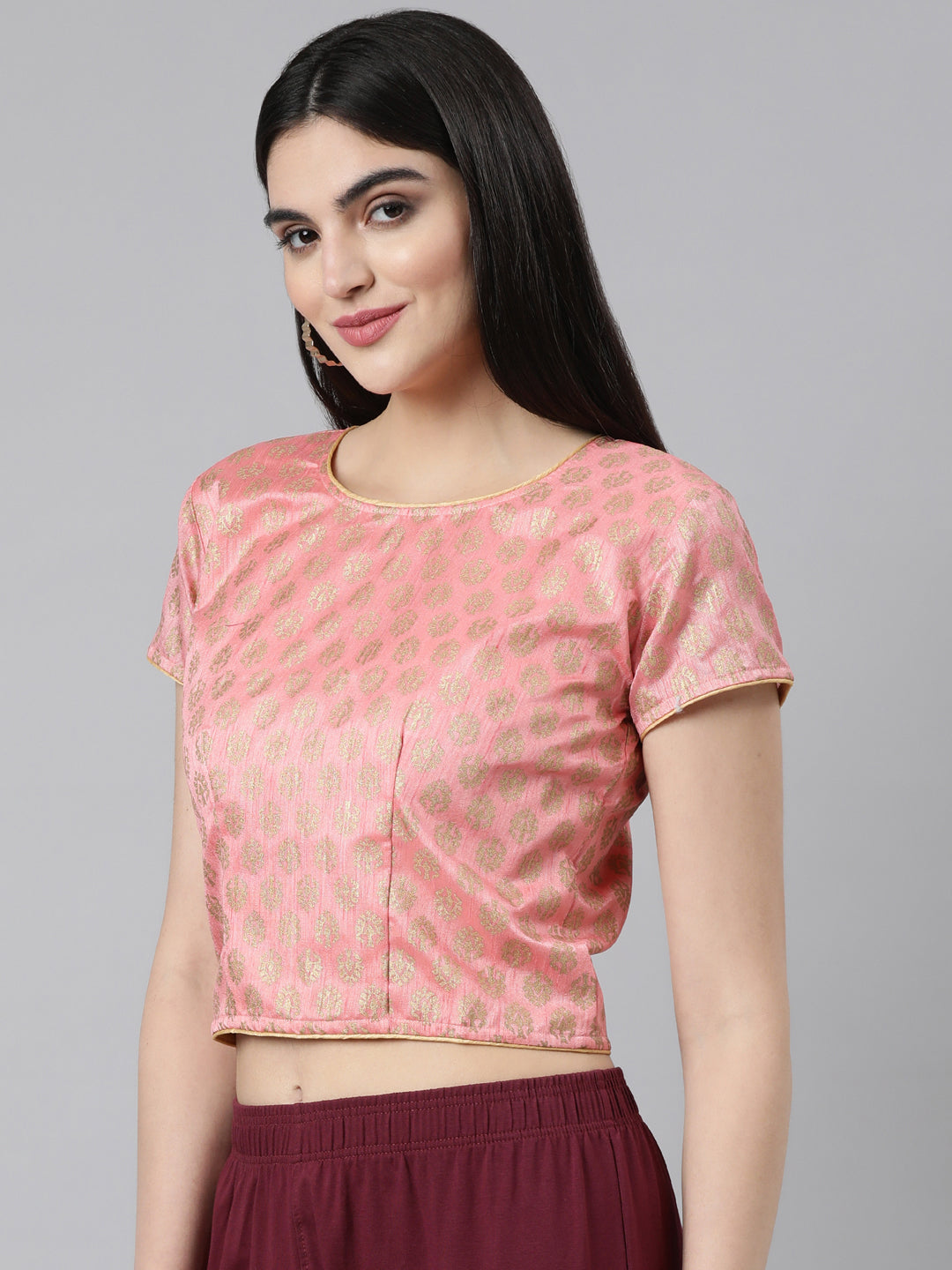Pink & Gold Dupion Silk Woven Knot Blouse | Souchii