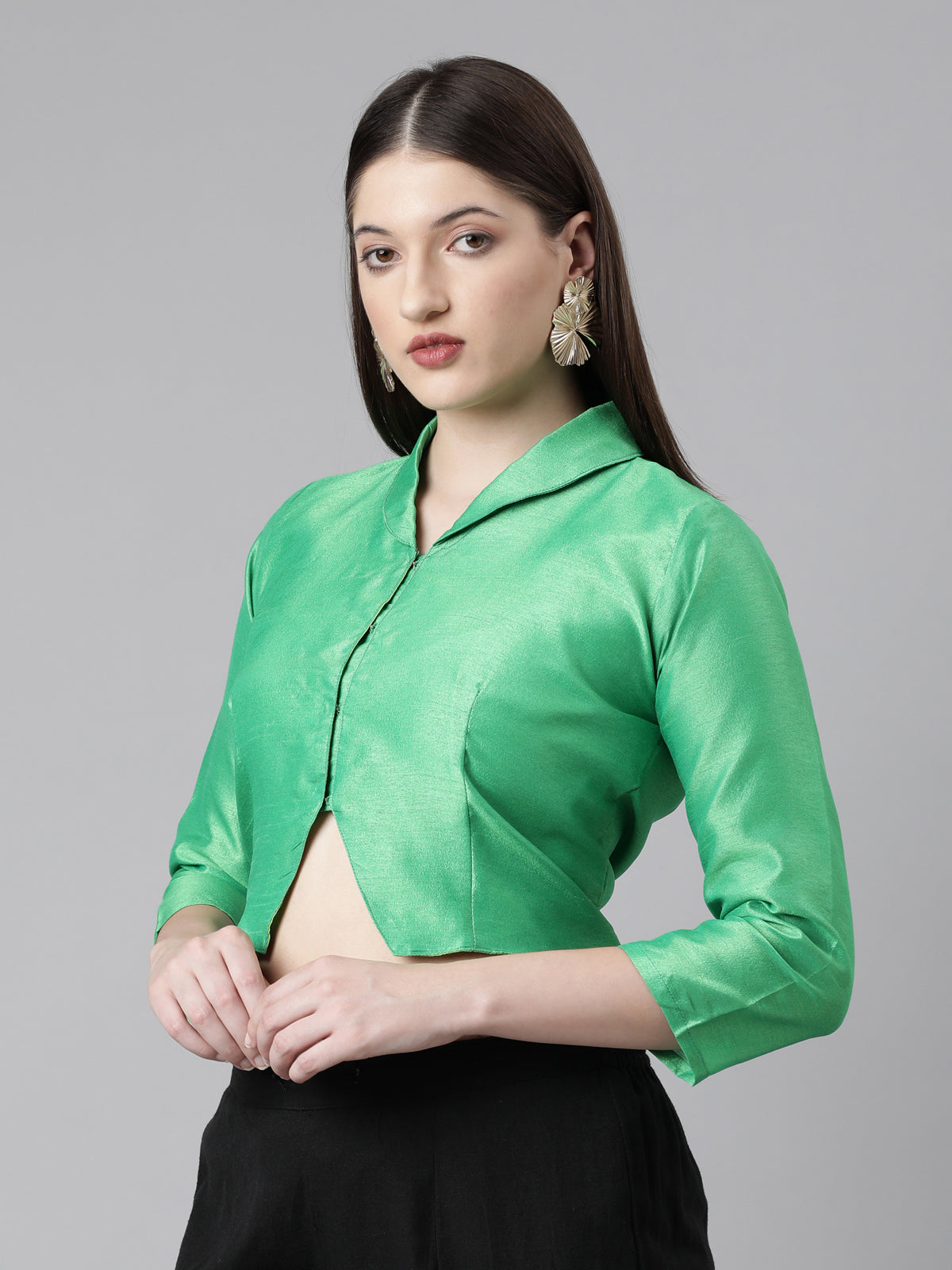 Green Dupion Silk Blouse with Tie-Up Detail | Souchii