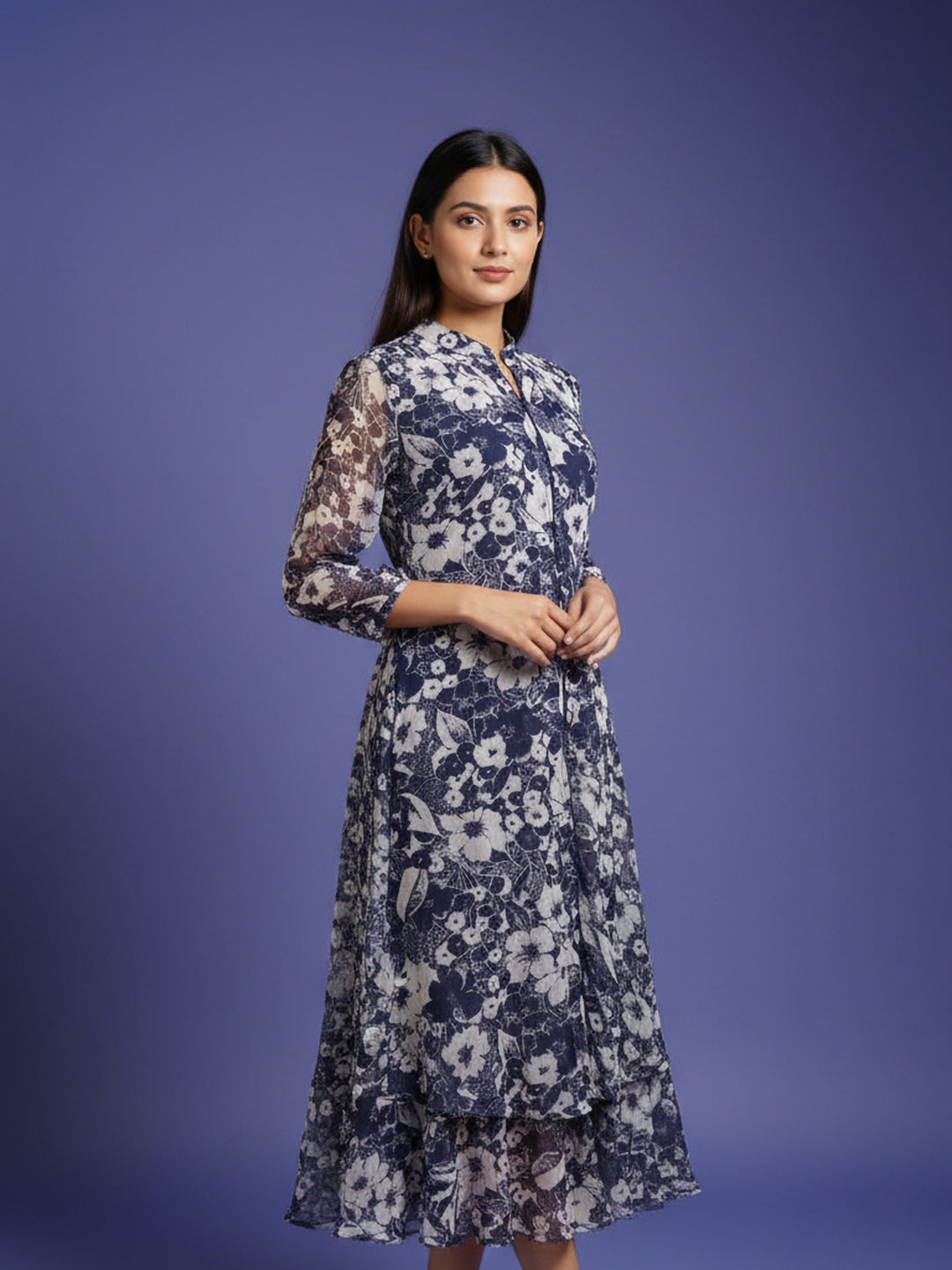 Blue and Cream Floral Chiffon Fit & Flare Midi Dress | Souchii