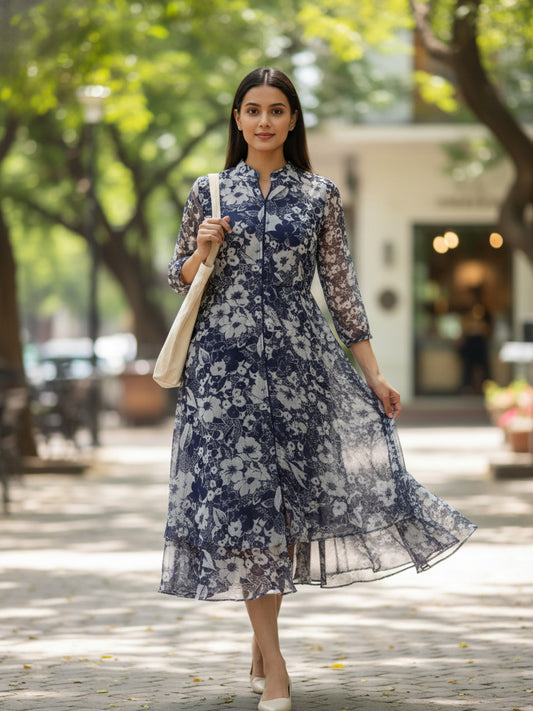 Blue and Cream Floral Chiffon Fit & Flare Midi Dress | Souchii