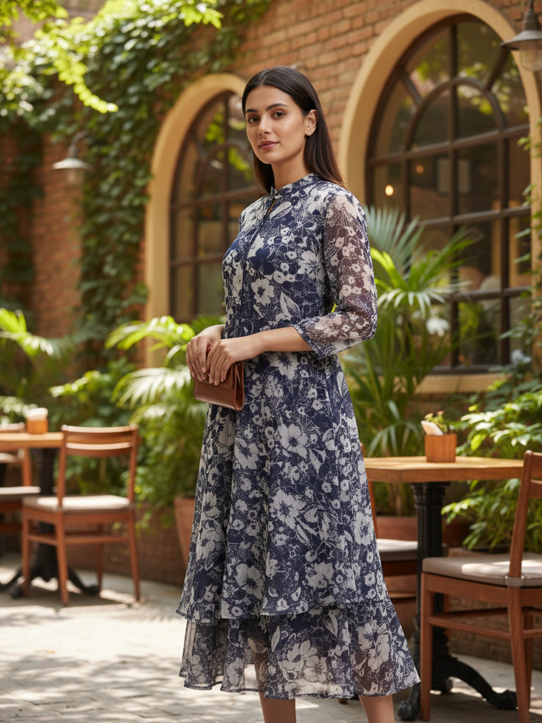 Blue and Cream Floral Chiffon Fit & Flare Midi Dress | Souchii