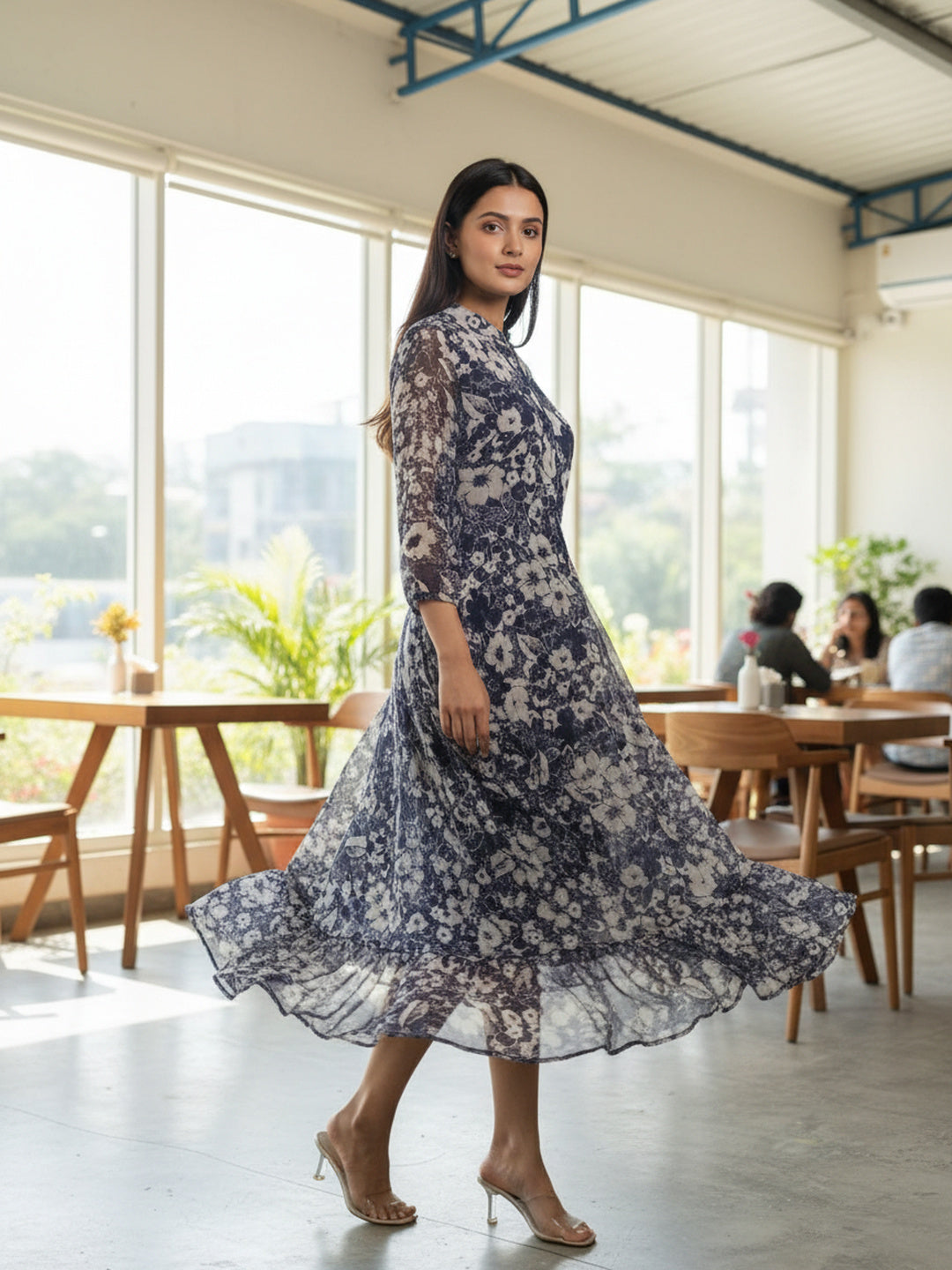 Blue and Cream Floral Chiffon Fit & Flare Midi Dress | Souchii