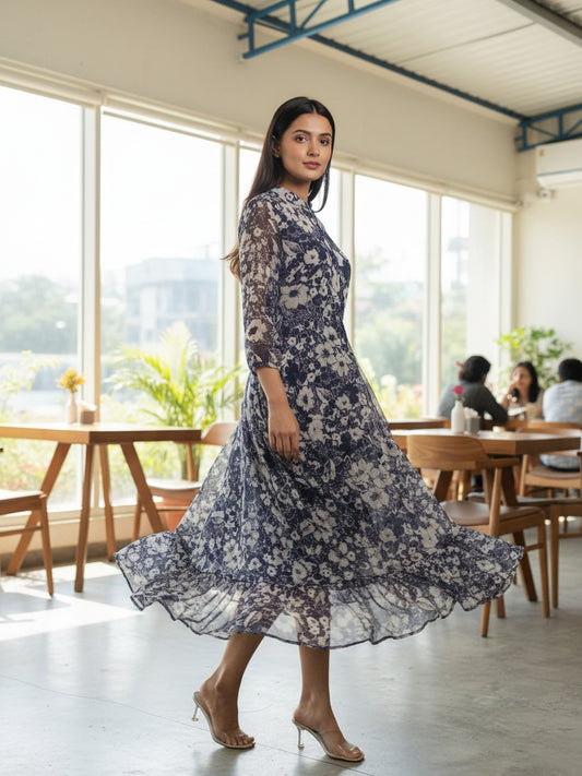 Blue and Cream Floral Chiffon Fit & Flare Midi Dress | Souchii