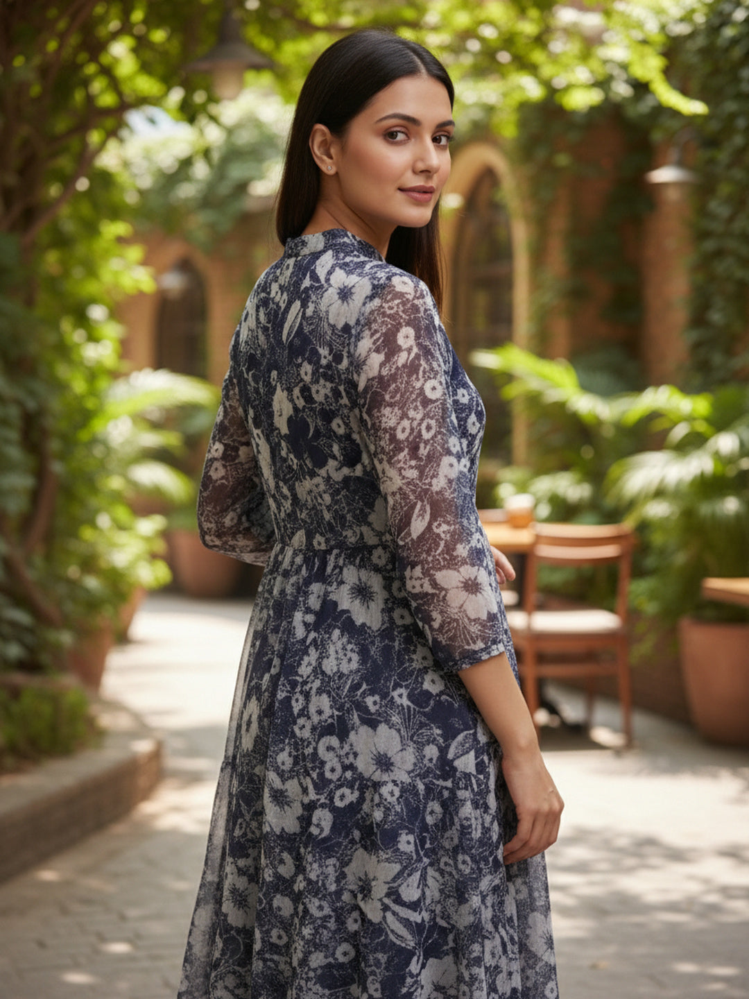 Blue and Cream Floral Chiffon Fit & Flare Midi Dress | Souchii