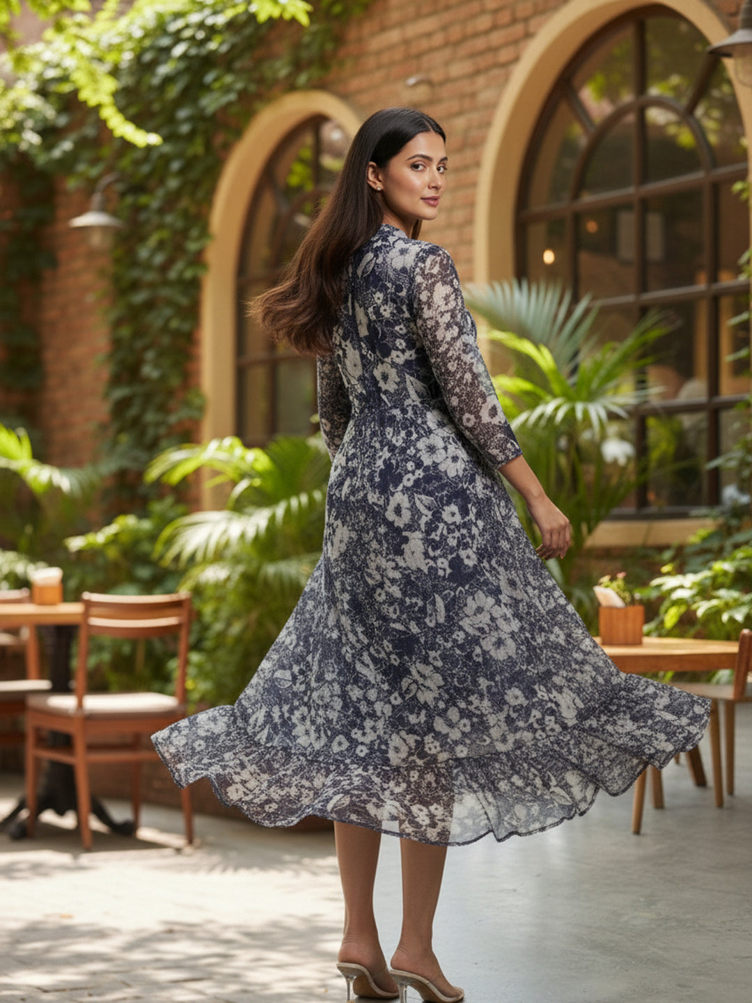 Blue and Cream Floral Chiffon Fit & Flare Midi Dress | Souchii