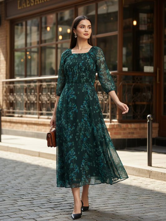 Souchii Deep Emerald Green Floral Smocked Chiffon Maxi Dress