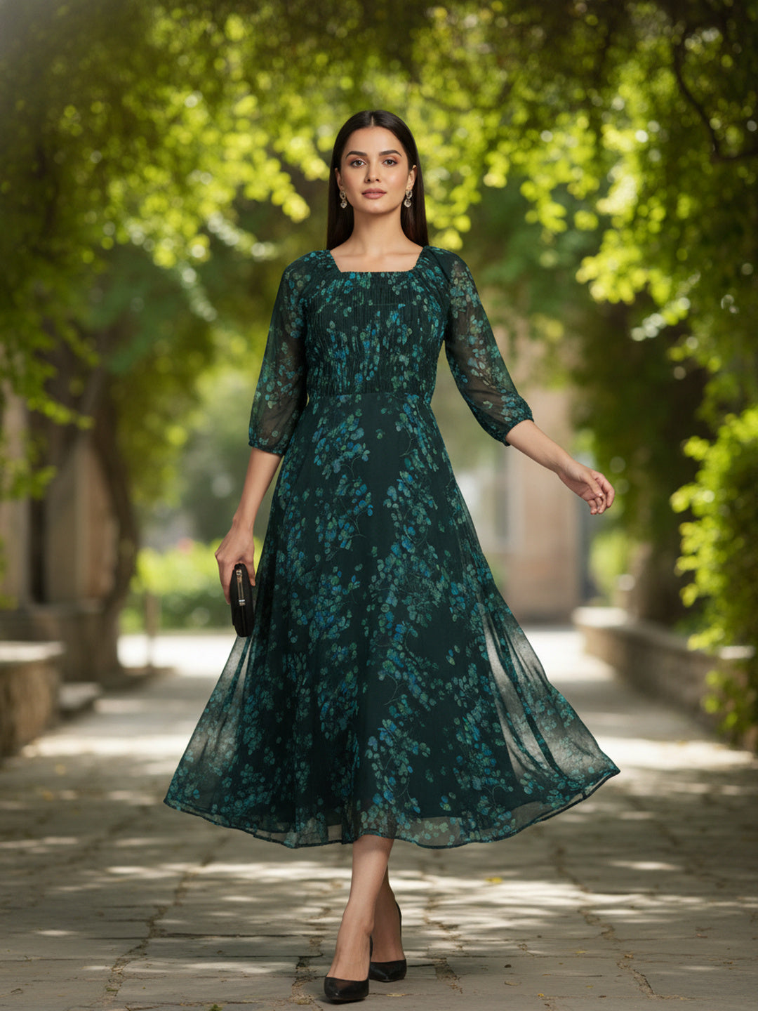 Souchii Deep Emerald Green Floral Smocked Chiffon Maxi Dress