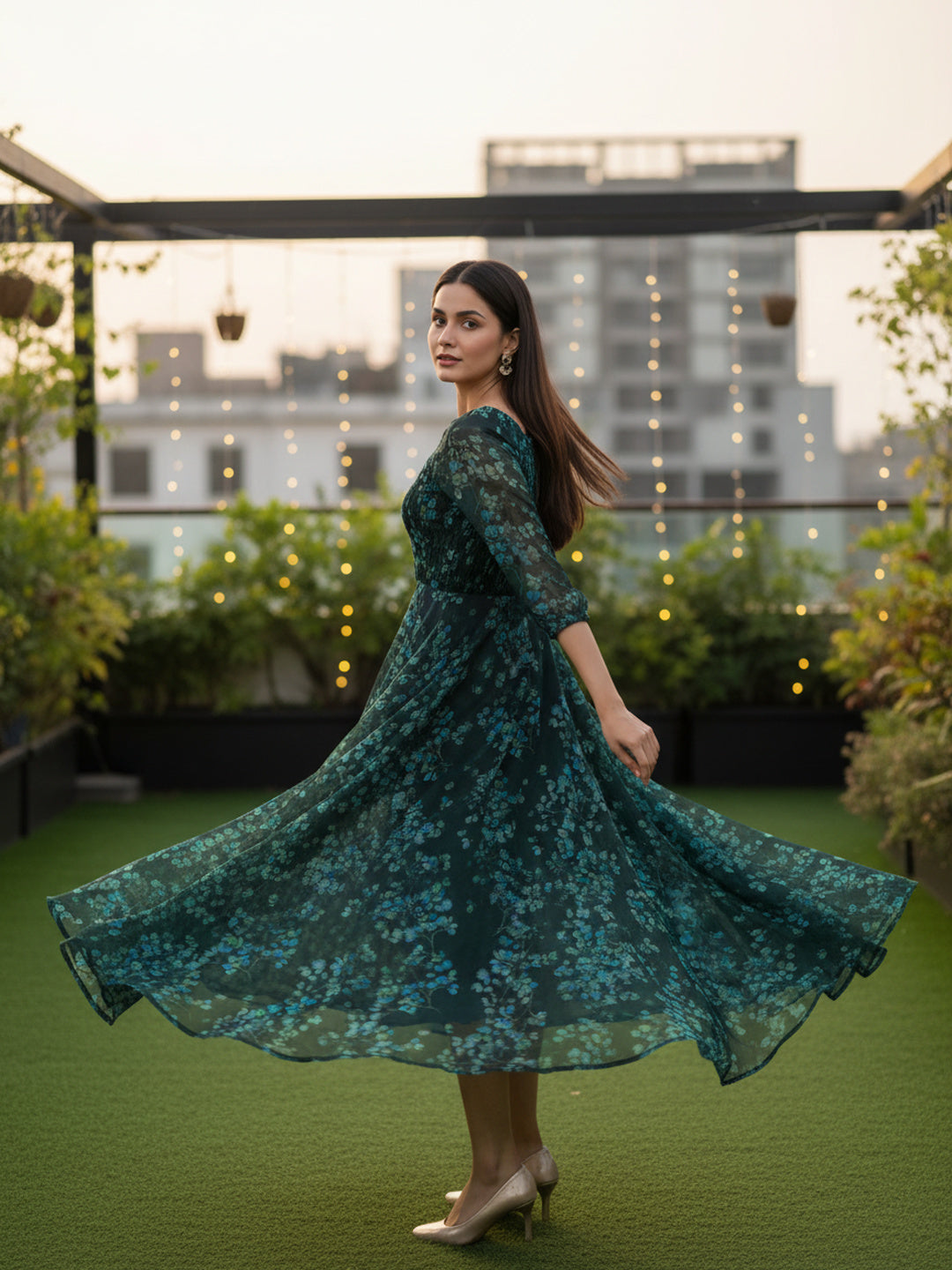 Souchii Deep Emerald Green Floral Smocked Chiffon Maxi Dress