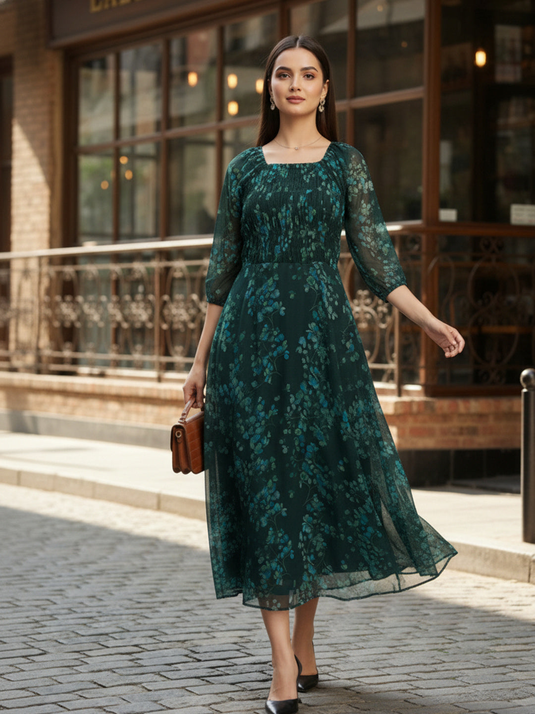 Souchii Deep Emerald Green Floral Smocked Chiffon Maxi Dress