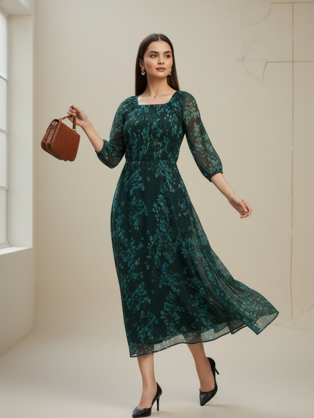 Souchii Deep Emerald Green Floral Smocked Chiffon Maxi Dress