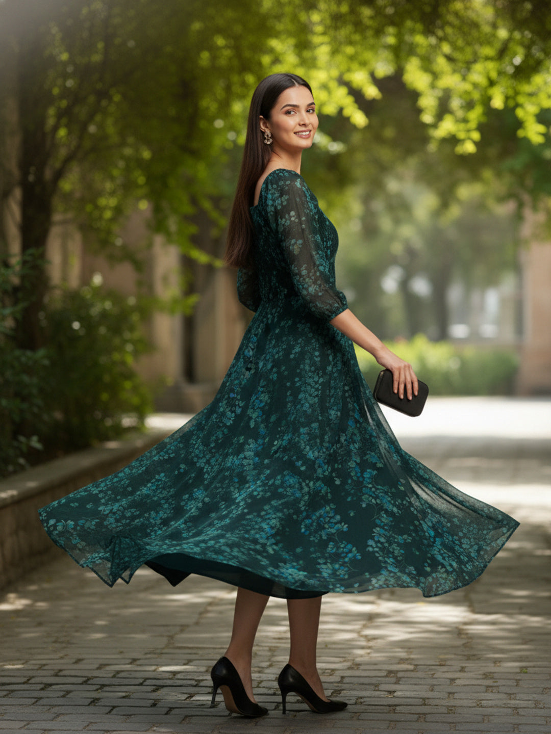 Souchii Deep Emerald Green Floral Smocked Chiffon Maxi Dress