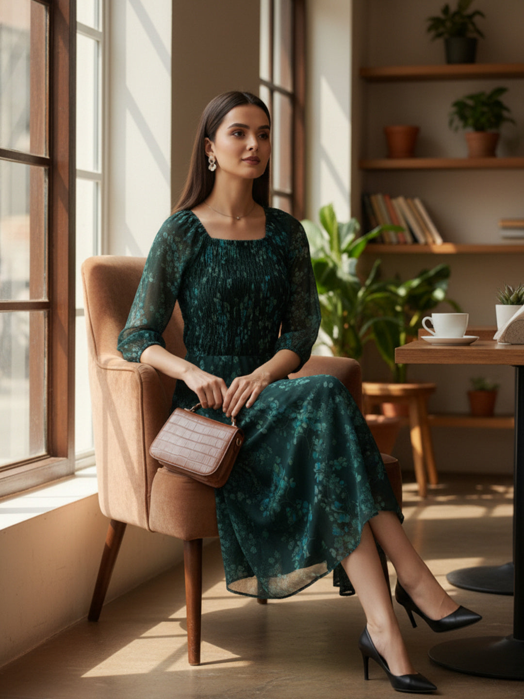 Souchii Deep Emerald Green Floral Smocked Chiffon Maxi Dress