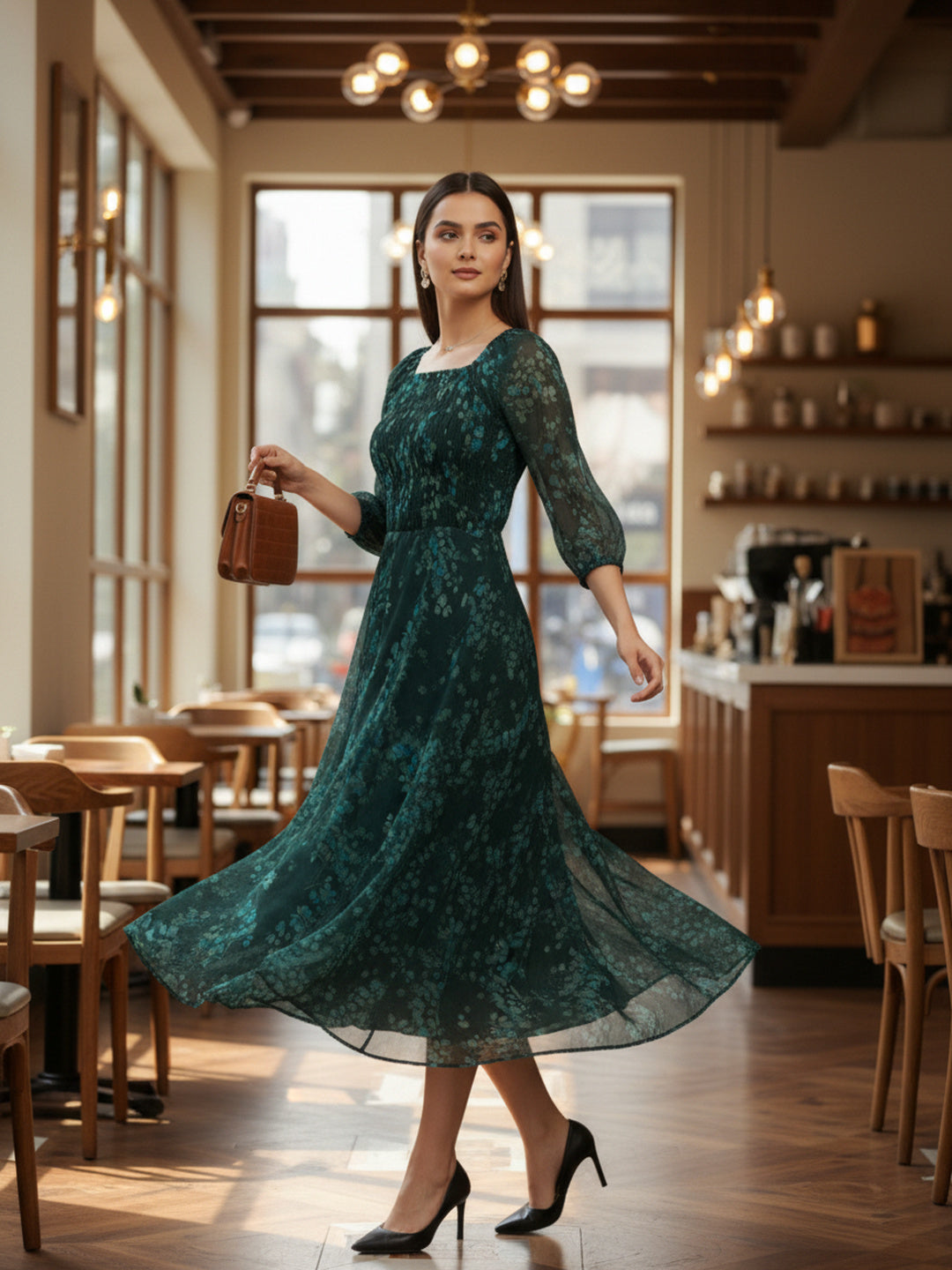 Souchii Deep Emerald Green Floral Smocked Chiffon Maxi Dress