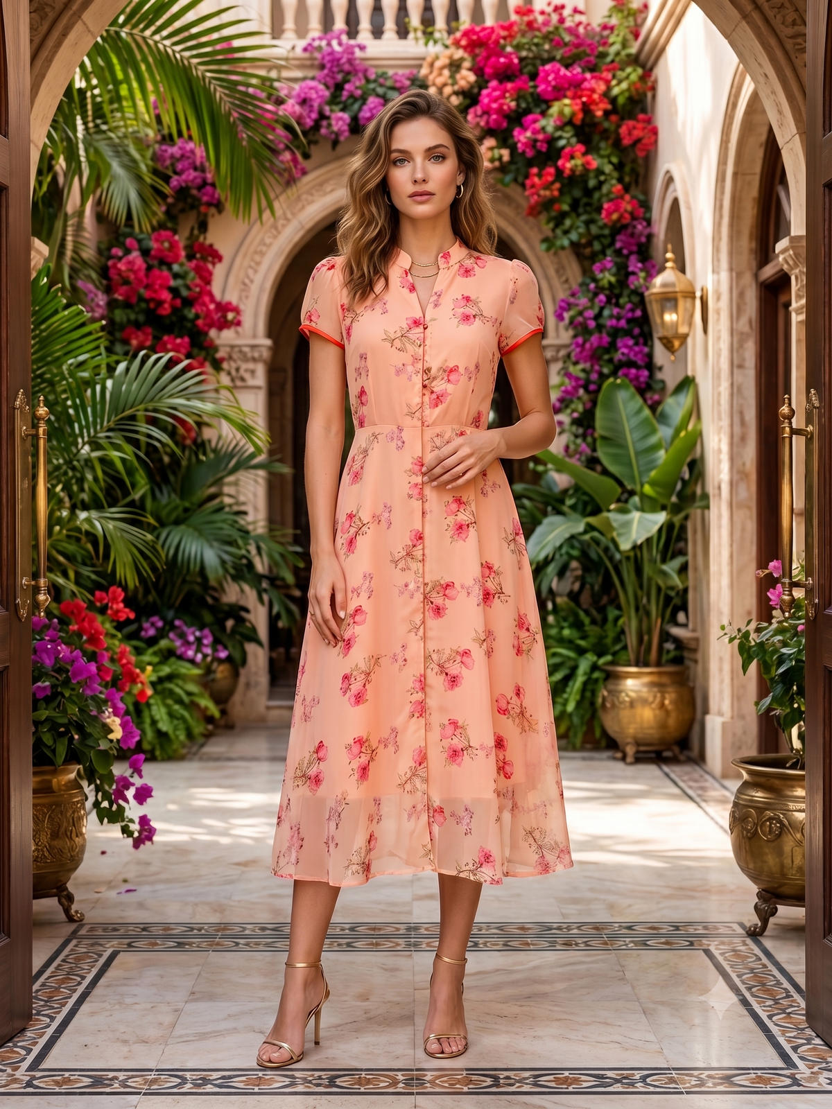Souchii Peach Floral Chiffon Midi Dress