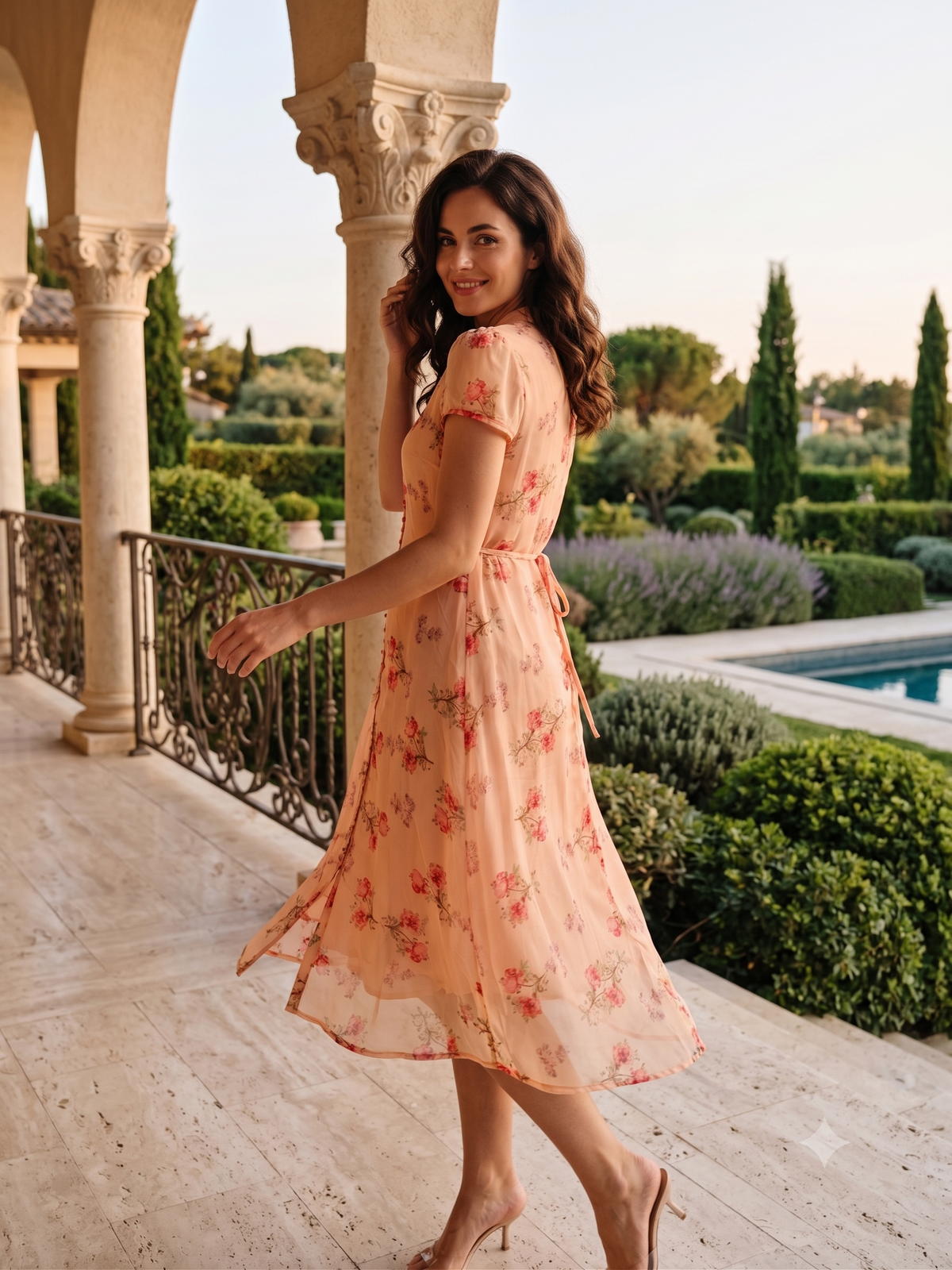 Souchii Peach Floral Chiffon Midi Dress