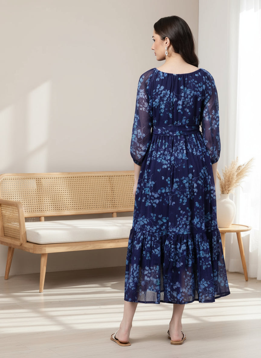 Souchii Navy Blue Floral Maxi Chiffon Dress