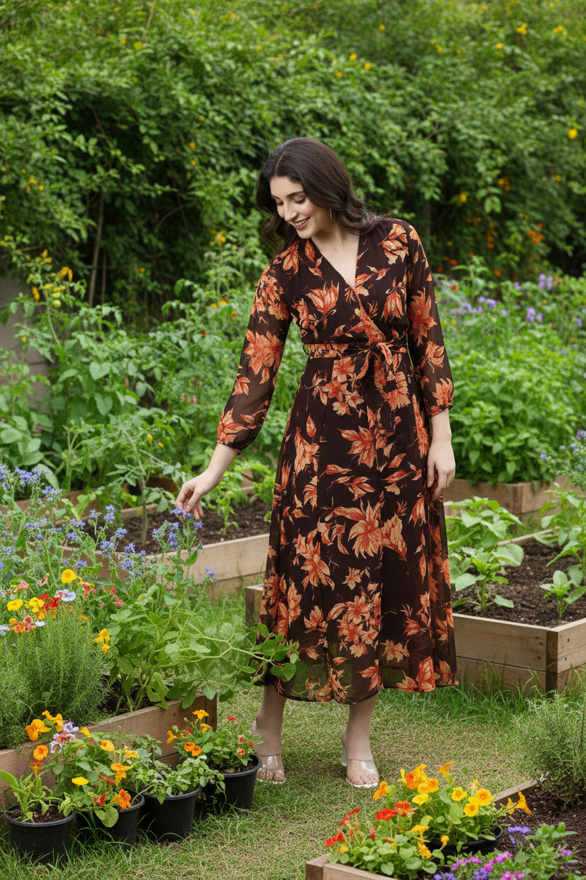 Souchii Brown Floral Flow Midi Dress