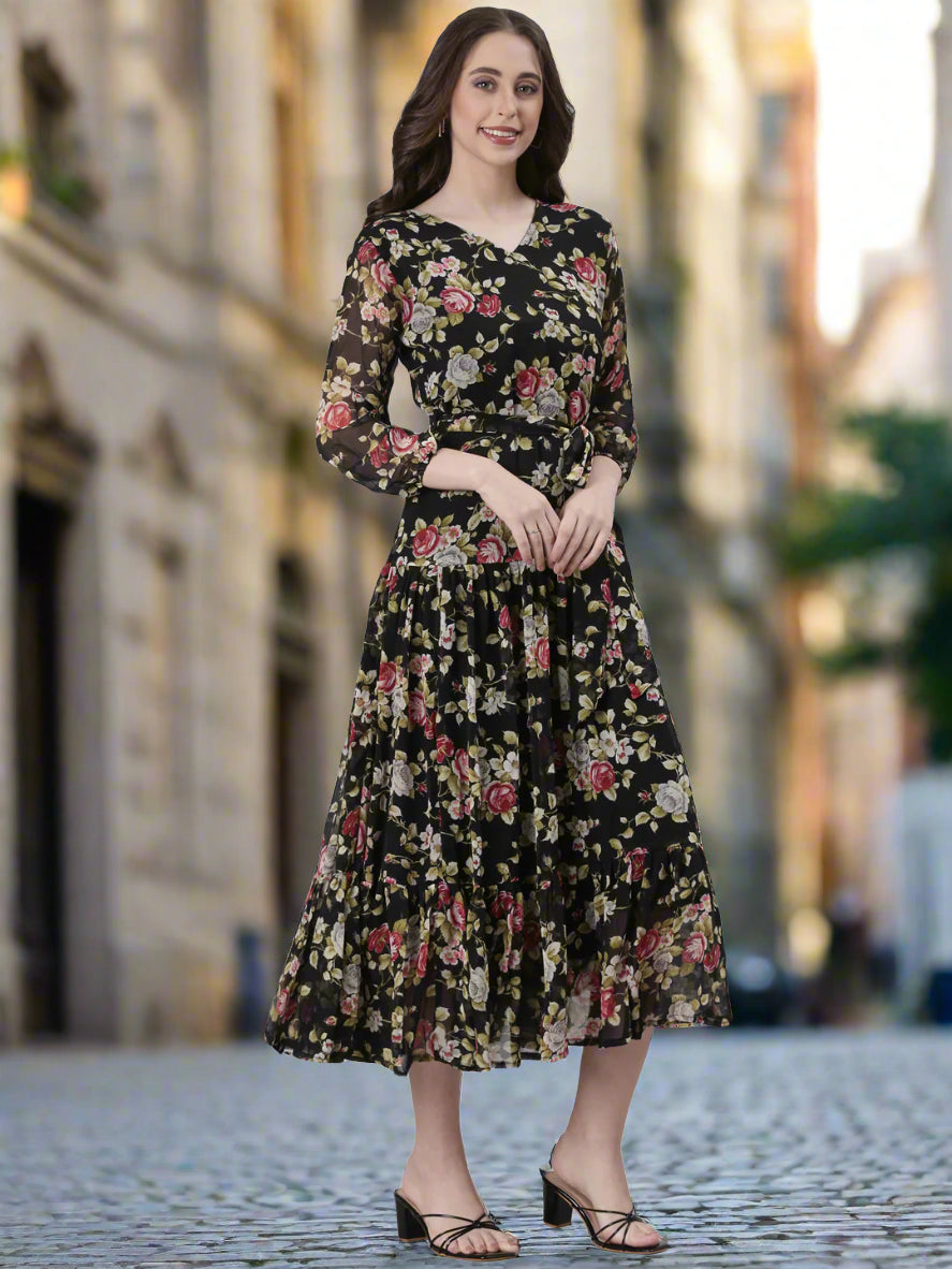 Black Floral Chiffon Midi Dress | Souchii