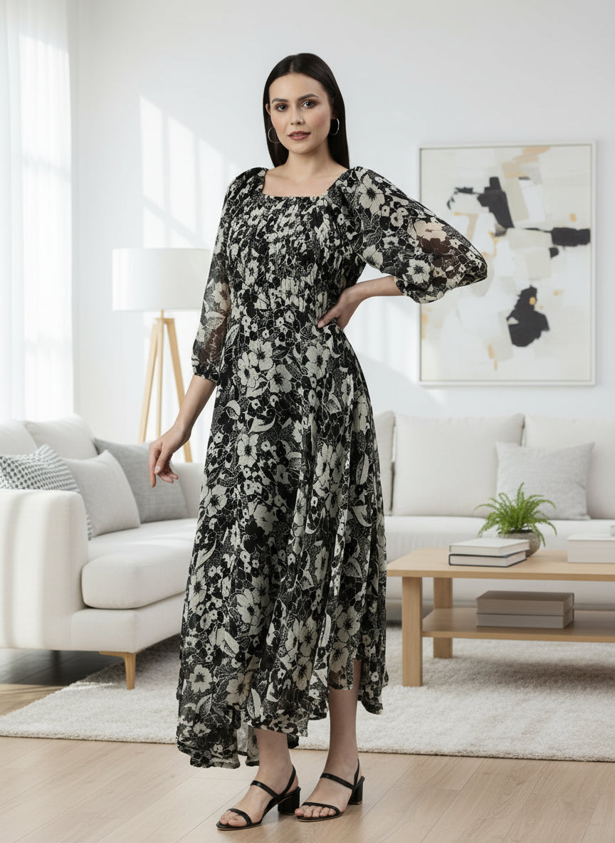 Black & White Floral Smocked Chiffon Maxi Dress | Souchii