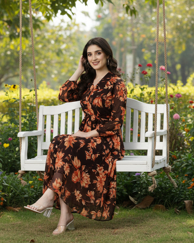 Souchii Brown Floral Flow Midi Dress