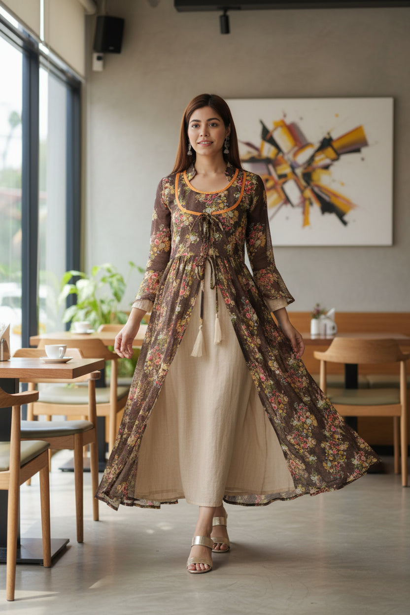 Souchii Brown Floral Layered Maxi Dress