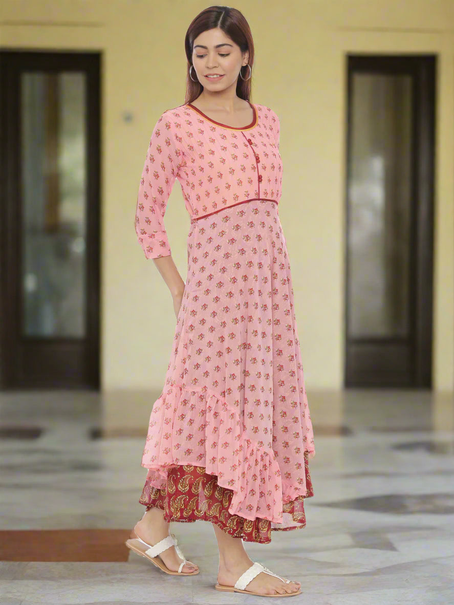 Pink Floral Print Chiffon Fit & Flare Midi Dress with Belt | Souchii