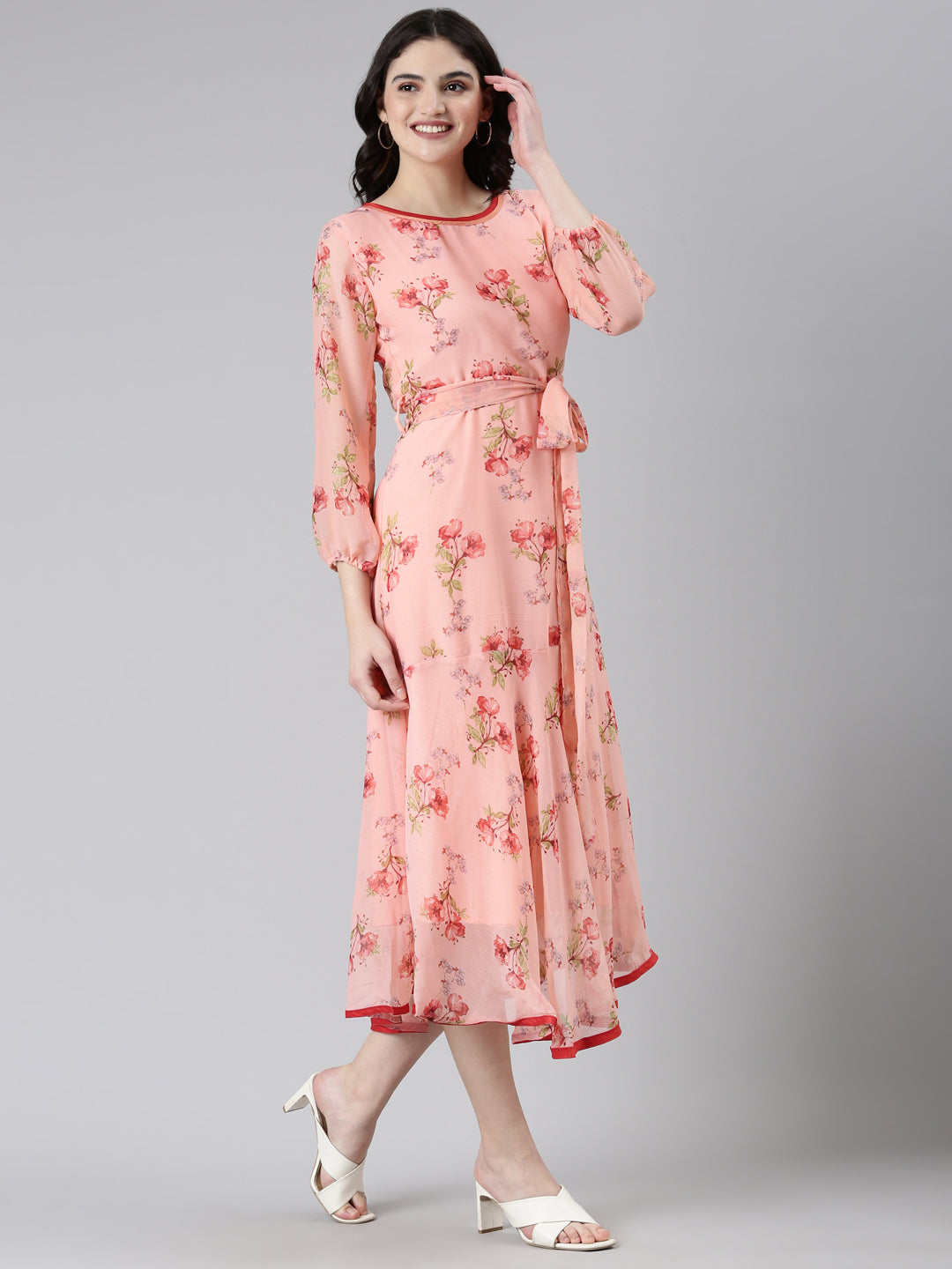 Rose Floral Printed A-Line Midi Dress with Belt | Souchii